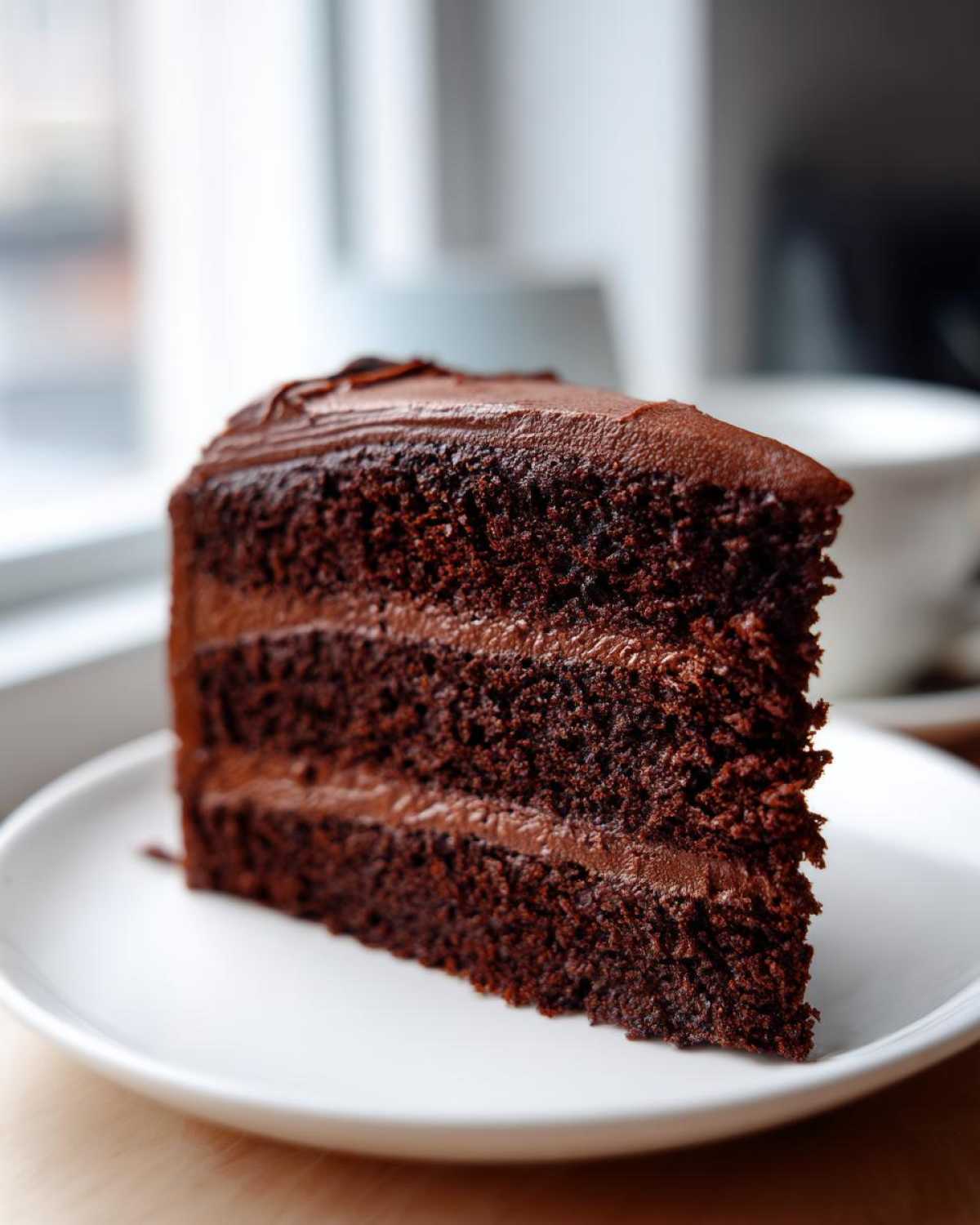 Close-up of a rich, three-layer slice of Gluten-Free Chocolate Cake with dark chocolate frosting.