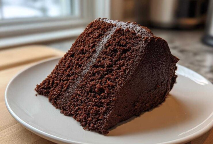 A thick, moist slice of dark chocolate Gluten-Free Chocolate Cake with rich frosting on a white plate.