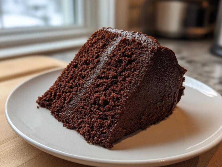 A thick, moist slice of dark chocolate Gluten-Free Chocolate Cake with rich frosting on a white plate.