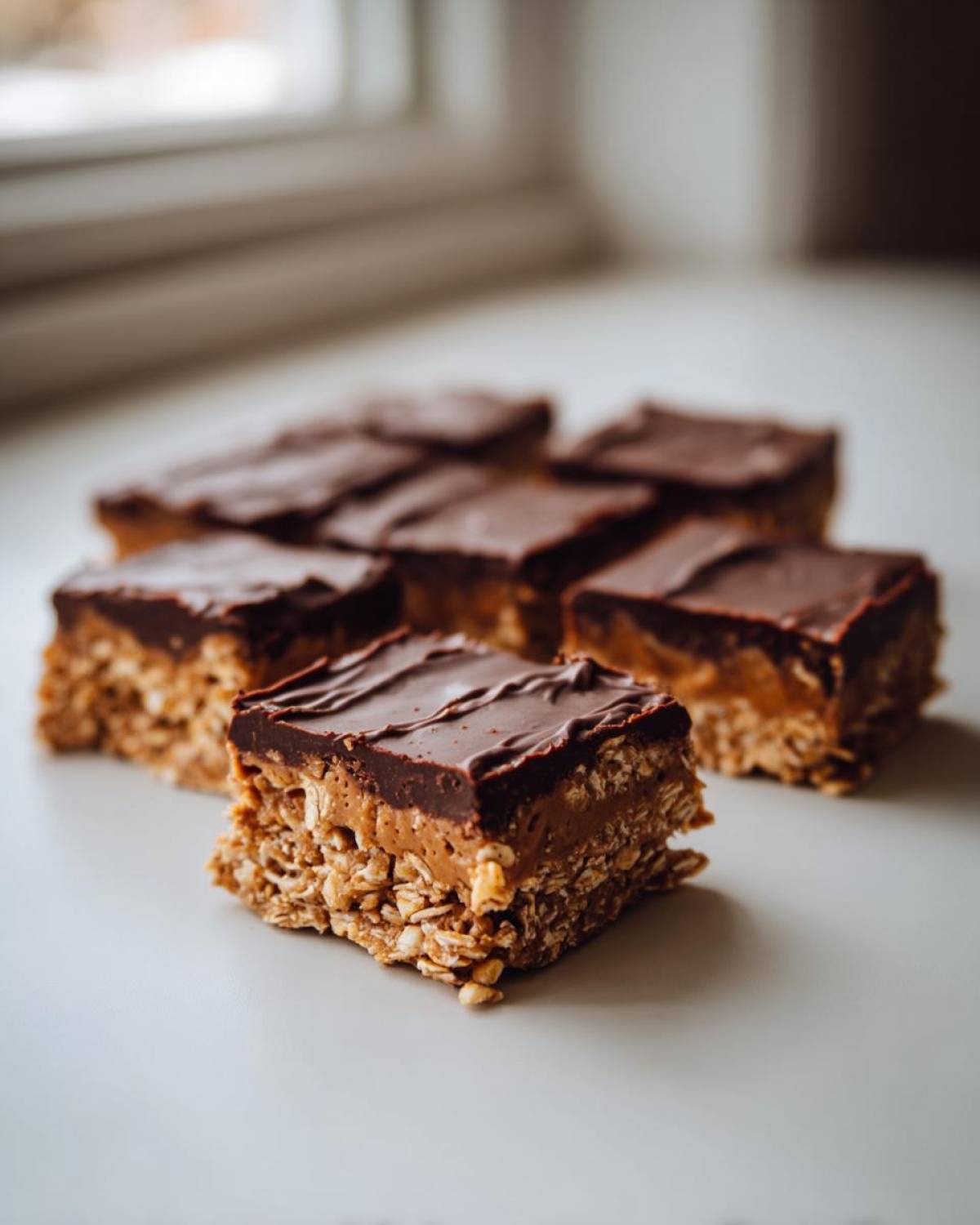 A close-up of freshly cut No-Bake Chocolate Peanut Butter Oat Bars with a thick chocolate topping.