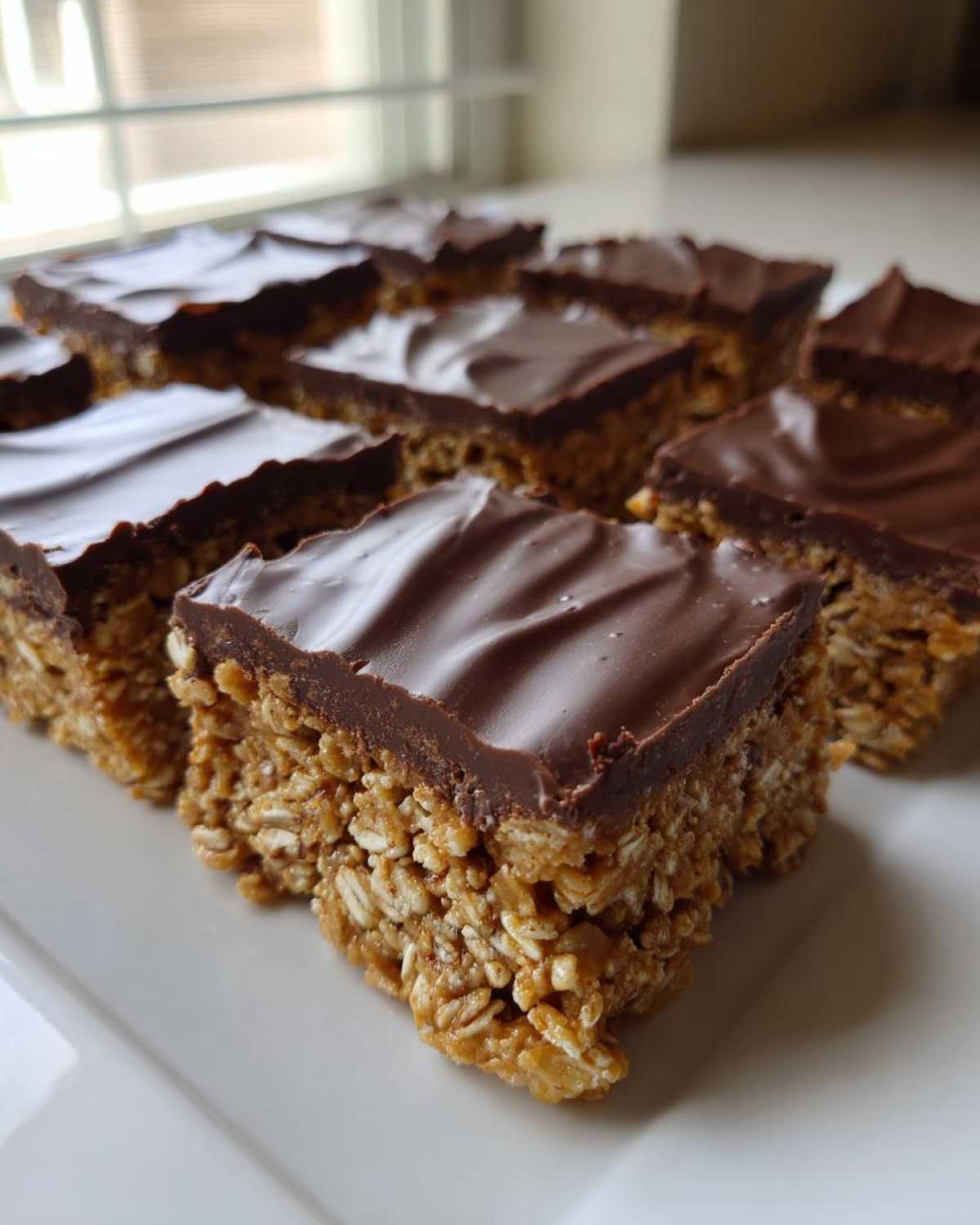 Close-up of several squares of No-Bake Chocolate Peanut Butter Oat Bars with a thick chocolate topping.