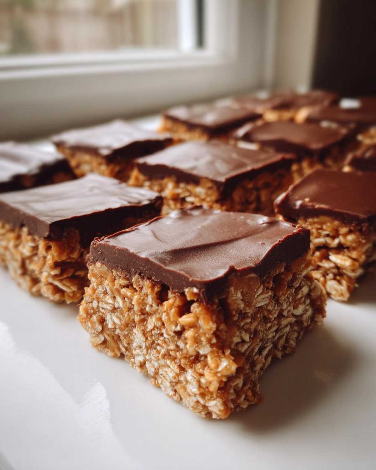 Close-up of several square No-Bake Chocolate Peanut Butter Oat Bars with a thick chocolate topping on a white plate.