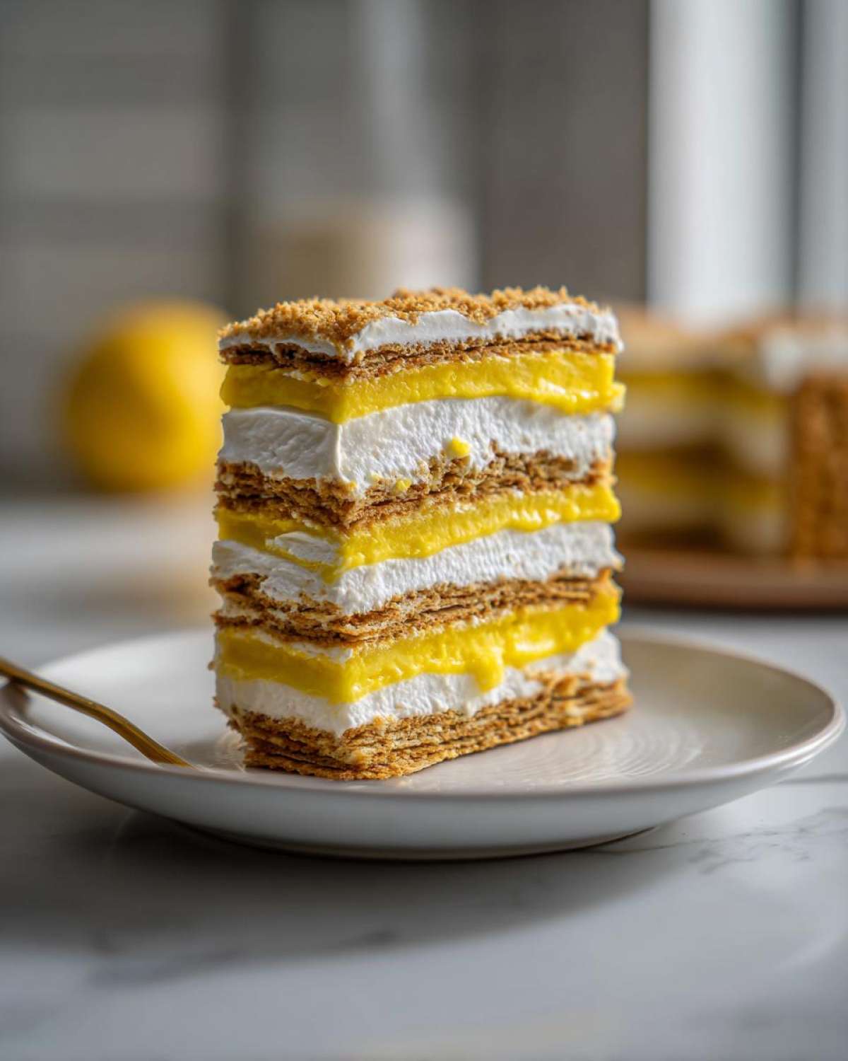 A tall slice of No-Bake Lemon Icebox Cake showing alternating layers of graham crackers, lemon filling, and whipped cream.