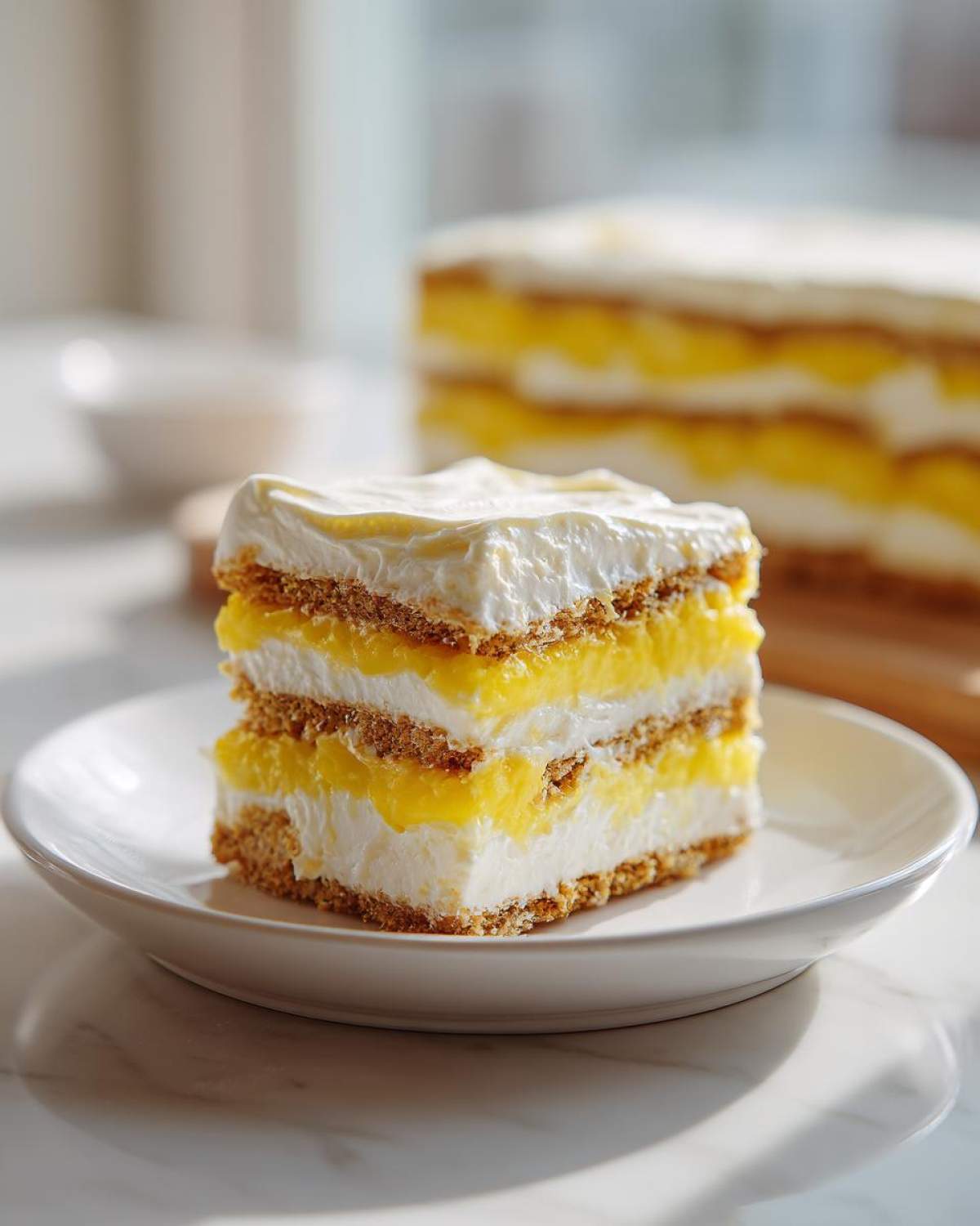 A perfect square slice of No-Bake Lemon Icebox Cake showing layers of graham crackers, cream, and lemon filling.