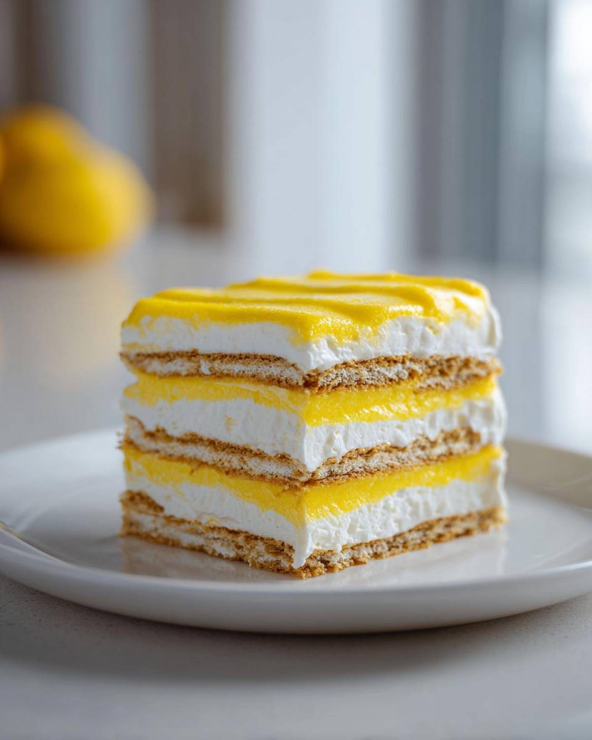 A tall, layered slice of No-Bake Lemon Icebox Cake with graham crackers, white cream, and bright yellow lemon filling.