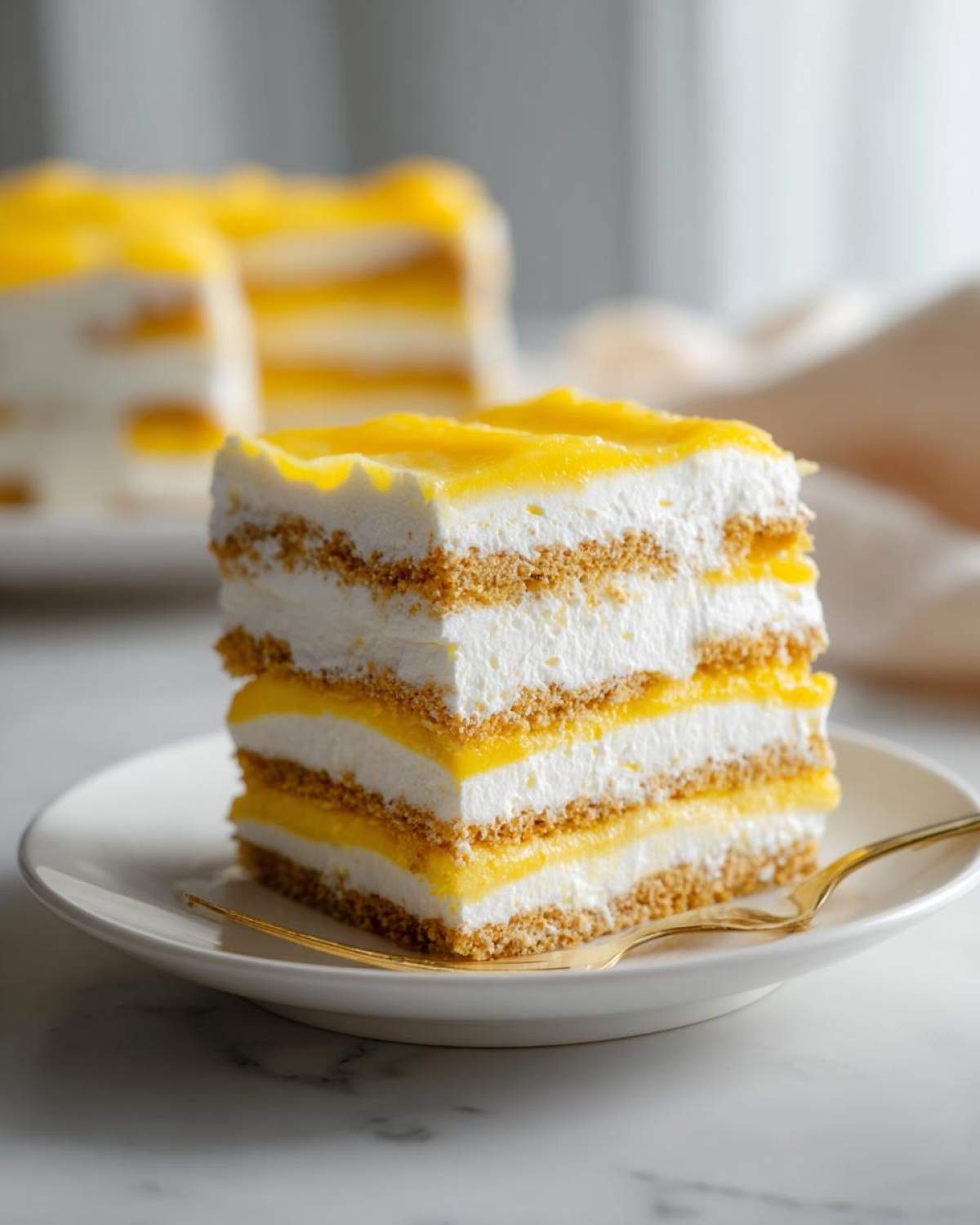 A perfect square slice of No-Bake Lemon Icebox Cake showing layers of graham cracker, cream, and lemon curd.