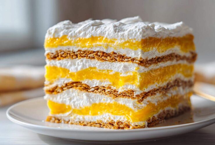 A tall slice of No-Bake Lemon Icebox Cake showing layers of graham crackers, bright yellow lemon filling, and white whipped cream.