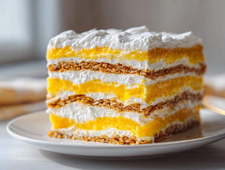 A tall slice of No-Bake Lemon Icebox Cake showing layers of graham crackers, bright yellow lemon filling, and white whipped cream.