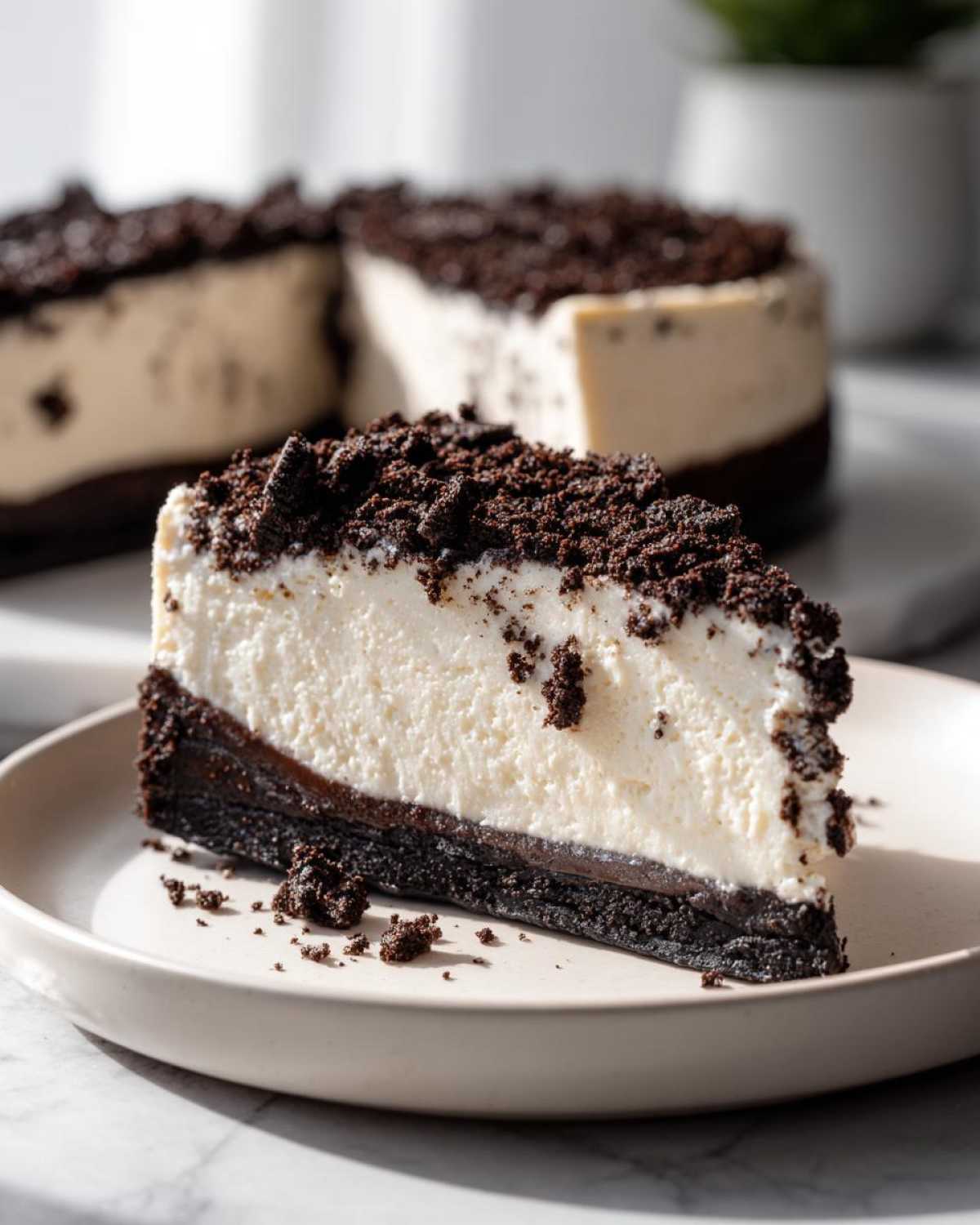 A perfect slice of No-Bake Oreo Cheesecake featuring a thick cream layer and dark chocolate crust, topped with cookie crumbs.