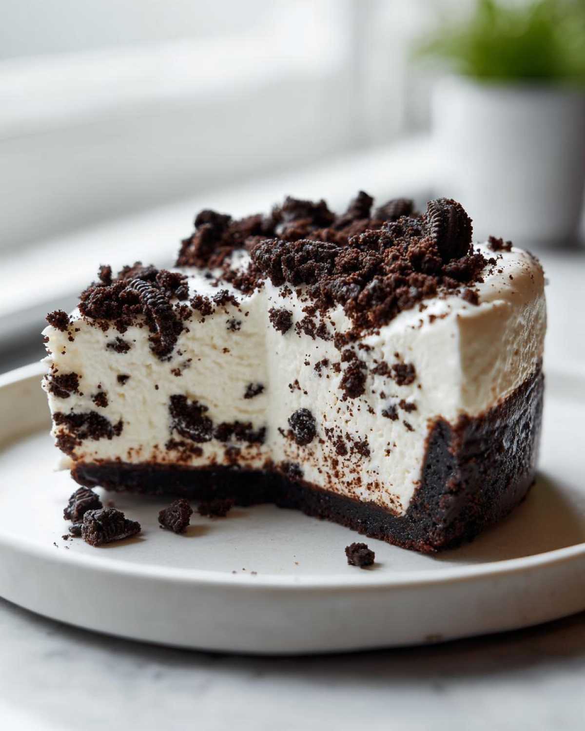 A thick slice of No-Bake Oreo Cheesecake showing the creamy filling with cookie pieces and a dark crust.