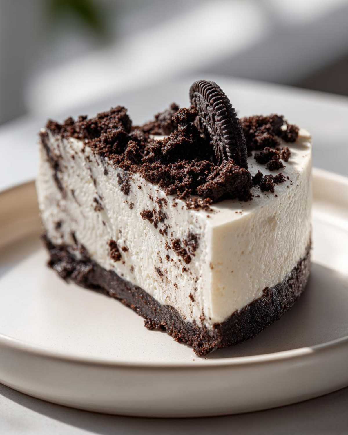 A perfect slice of No-Bake Oreo Cheesecake with a dark cookie crust and creamy filling, topped with crumbles and a whole Oreo.