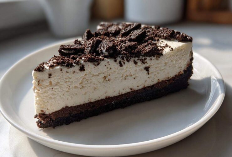 A thick slice of No-Bake Oreo Cheesecake with a creamy white filling and dark chocolate crust, topped with crushed Oreos.