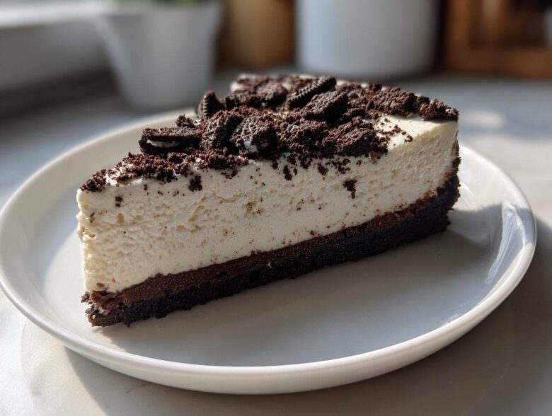 A thick slice of No-Bake Oreo Cheesecake with a creamy white filling and dark chocolate crust, topped with crushed Oreos.