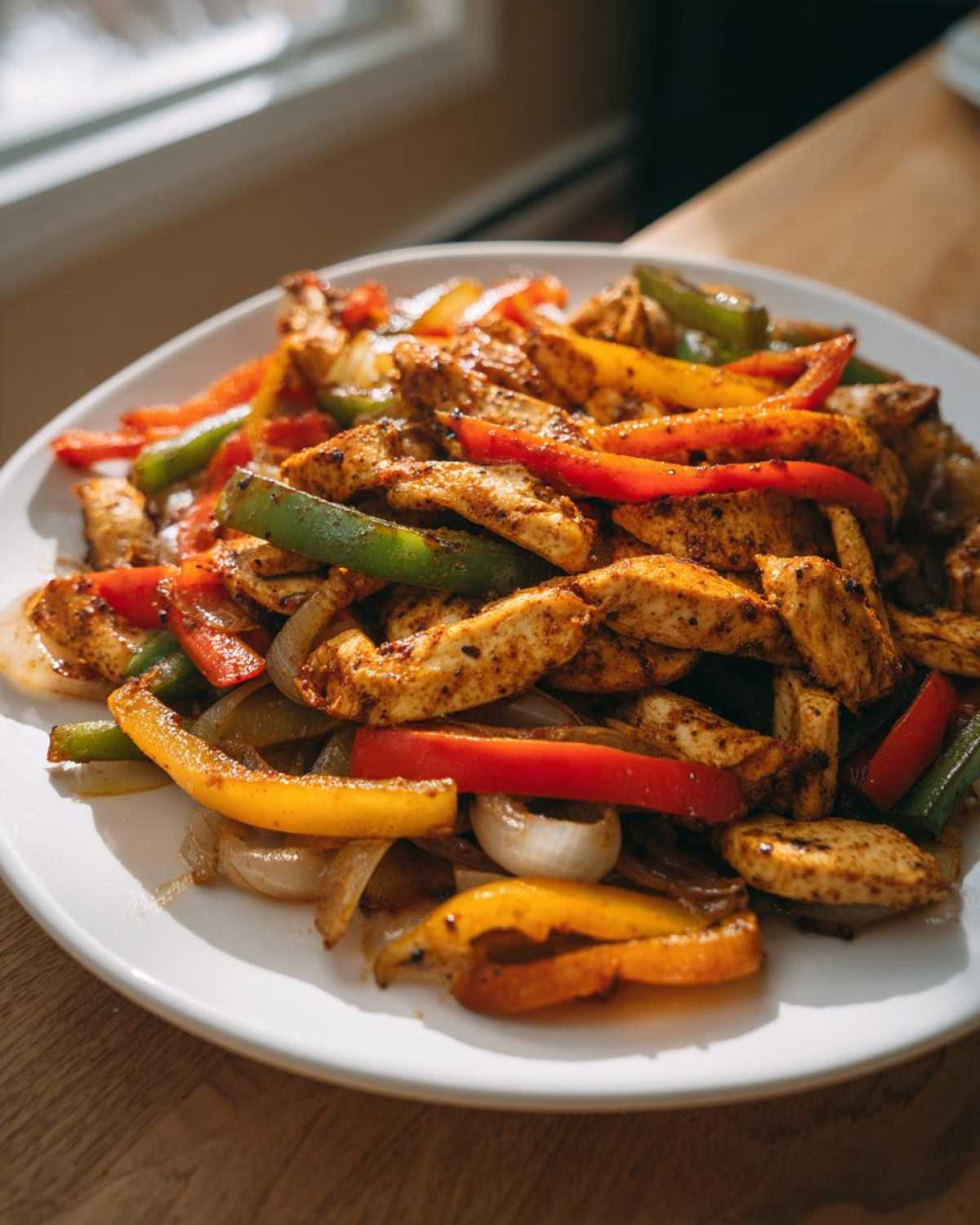A close-up of seasoned chicken strips mixed with sautéed red, yellow, and green bell peppers and onions for One-Pan Chicken Fajitas.