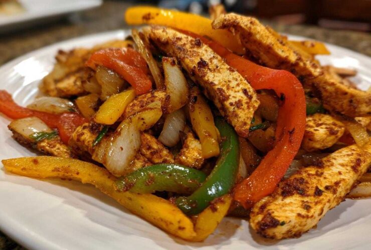 Close-up of seasoned chicken strips mixed with colorful sautéed peppers and onions, ready for One-Pan Chicken Fajitas.