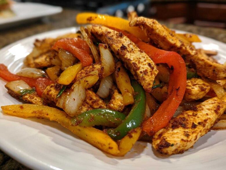 Close-up of seasoned chicken strips mixed with colorful sautéed peppers and onions, ready for One-Pan Chicken Fajitas.