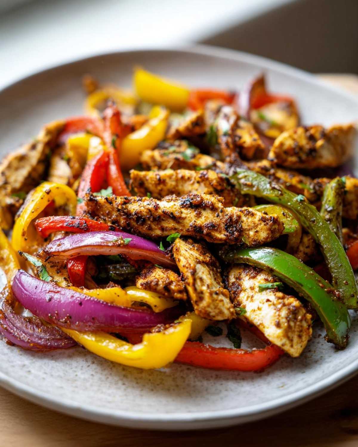 Close-up of seasoned chicken strips mixed with colorful sautéed peppers and onions, ready for One-Pan Chicken Fajitas with Peppers and Onions.