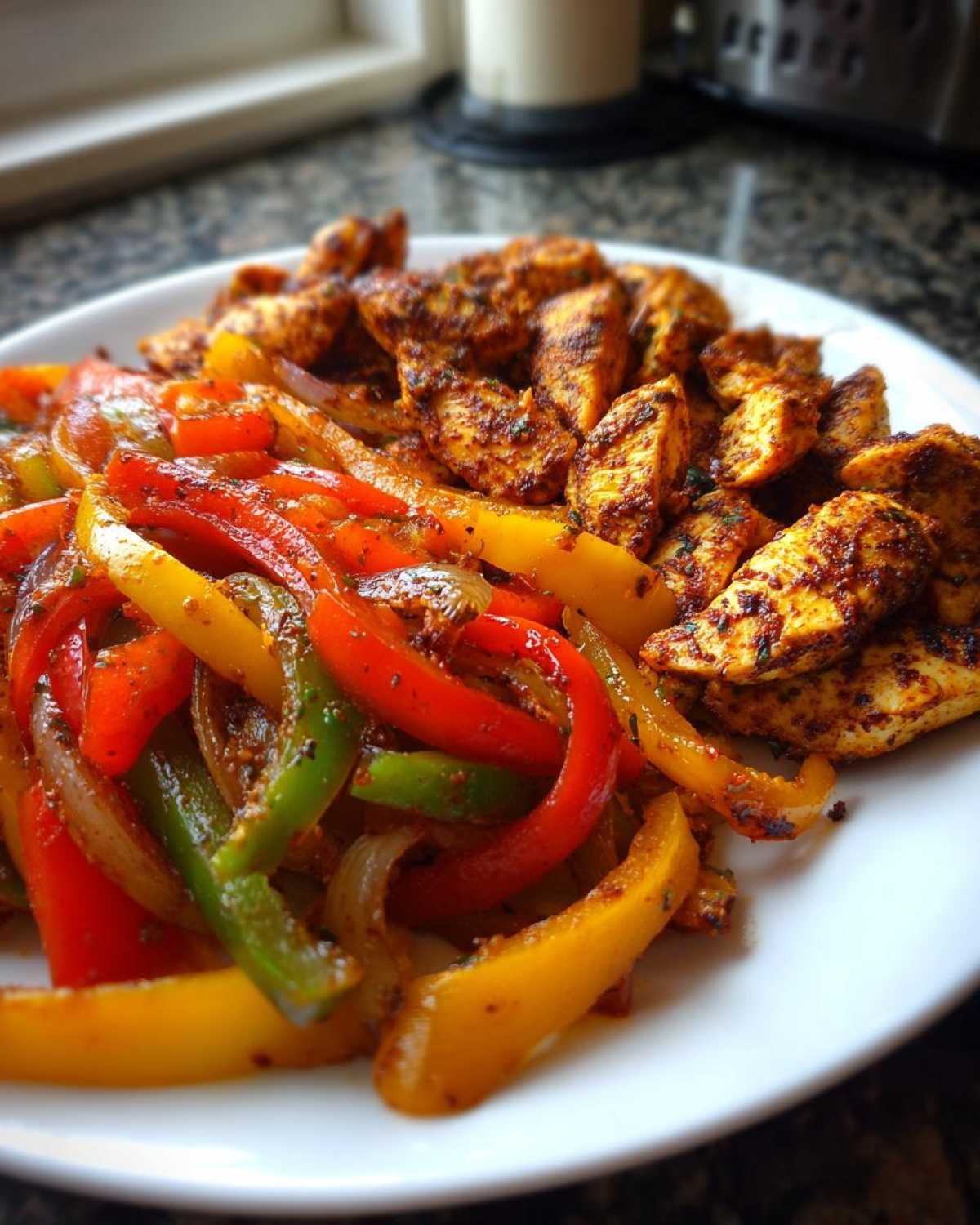 A white plate filled with seasoned chicken pieces and colorful sliced peppers and onions from One-Pan Chicken Fajitas with Peppers and Onions.