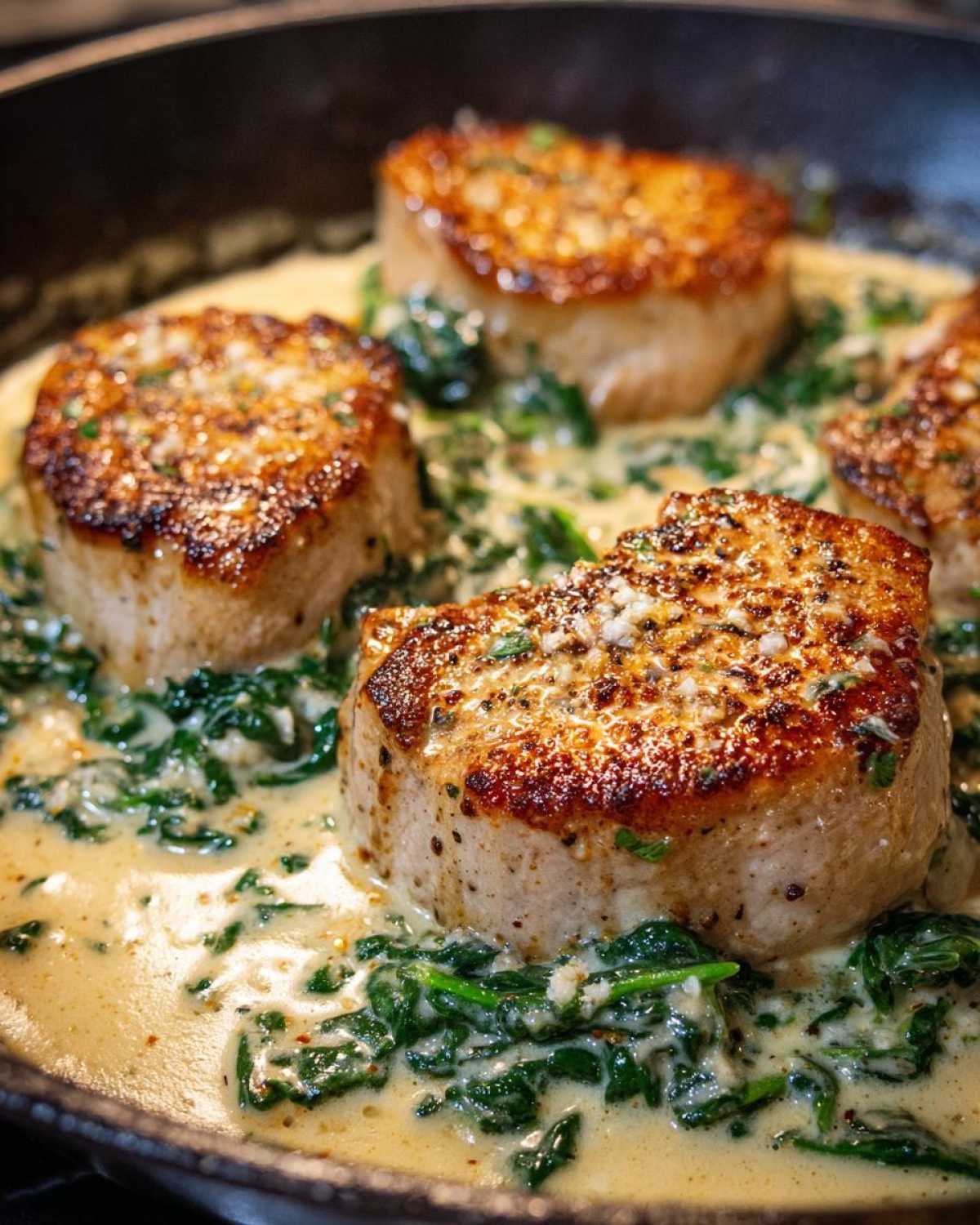 Four seared One-Pan Creamy Garlic Pork Chops simmering in a rich garlic cream sauce with wilted spinach.