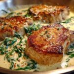 Three seared One-Pan Creamy Garlic Pork Chops resting in a rich sauce with wilted spinach.