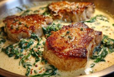 Three seared One-Pan Creamy Garlic Pork Chops resting in a rich sauce with wilted spinach.