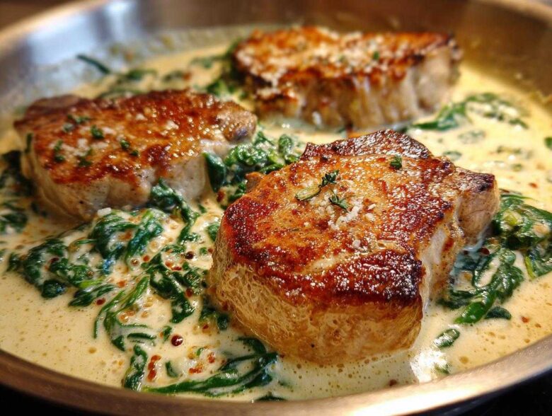 Three seared One-Pan Creamy Garlic Pork Chops resting in a rich sauce with wilted spinach.
