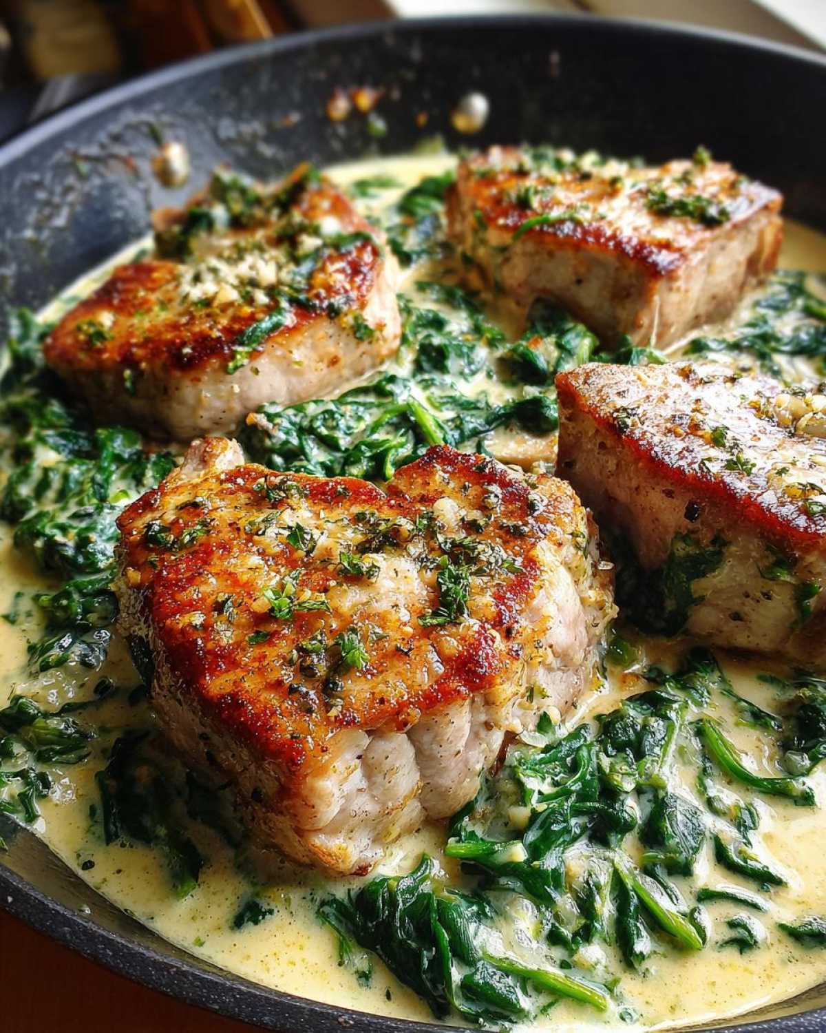 Four seared pork chops resting in a creamy garlic sauce with wilted spinach, part of the One-Pan Creamy Garlic Pork Chops recipe.