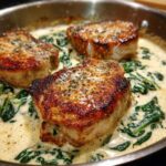 Three seared One-Pan Creamy Garlic Pork Chops simmering in a rich cream sauce with spinach.