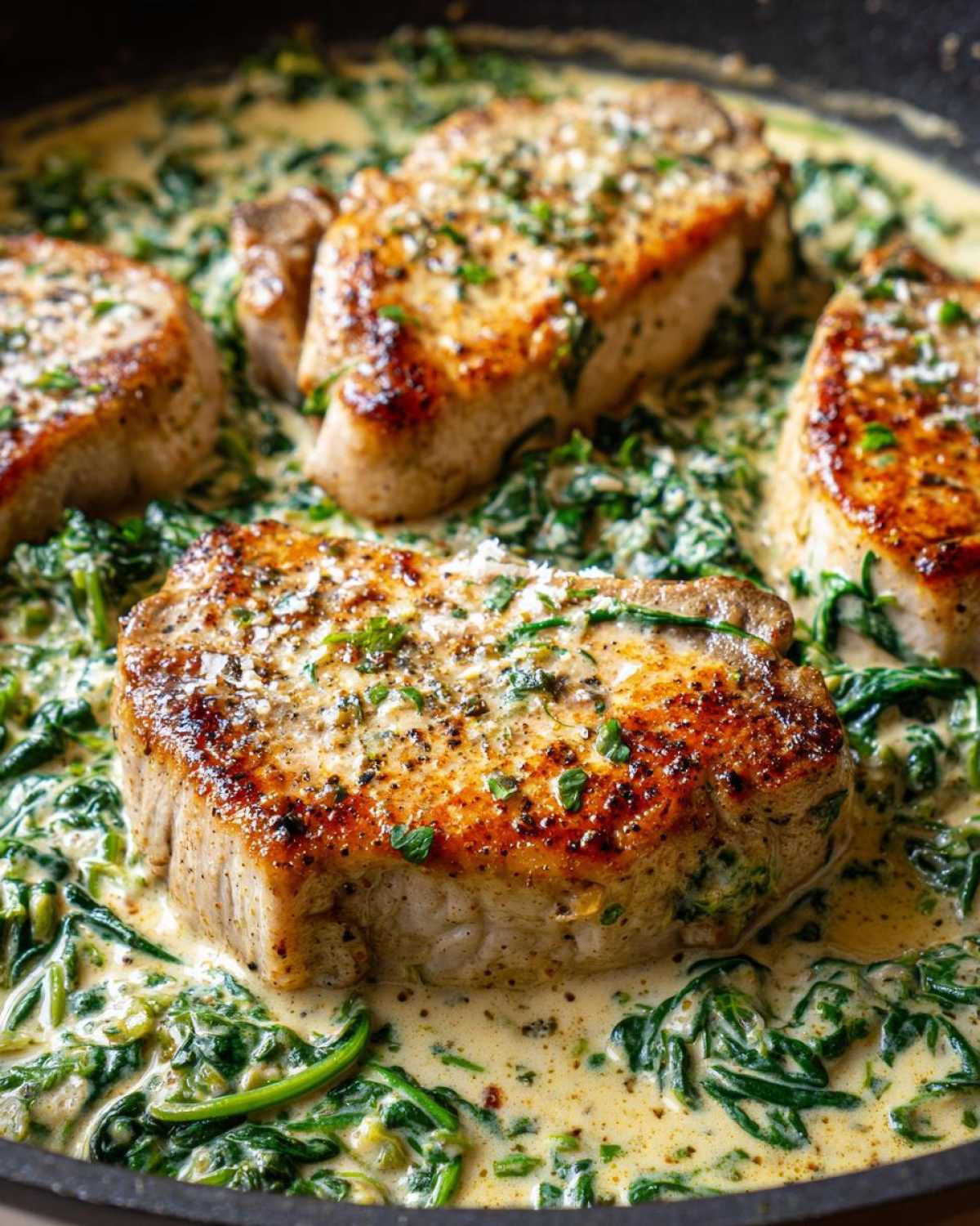 Four seared One-Pan Creamy Garlic Pork Chops simmering in a rich cream sauce with wilted spinach.