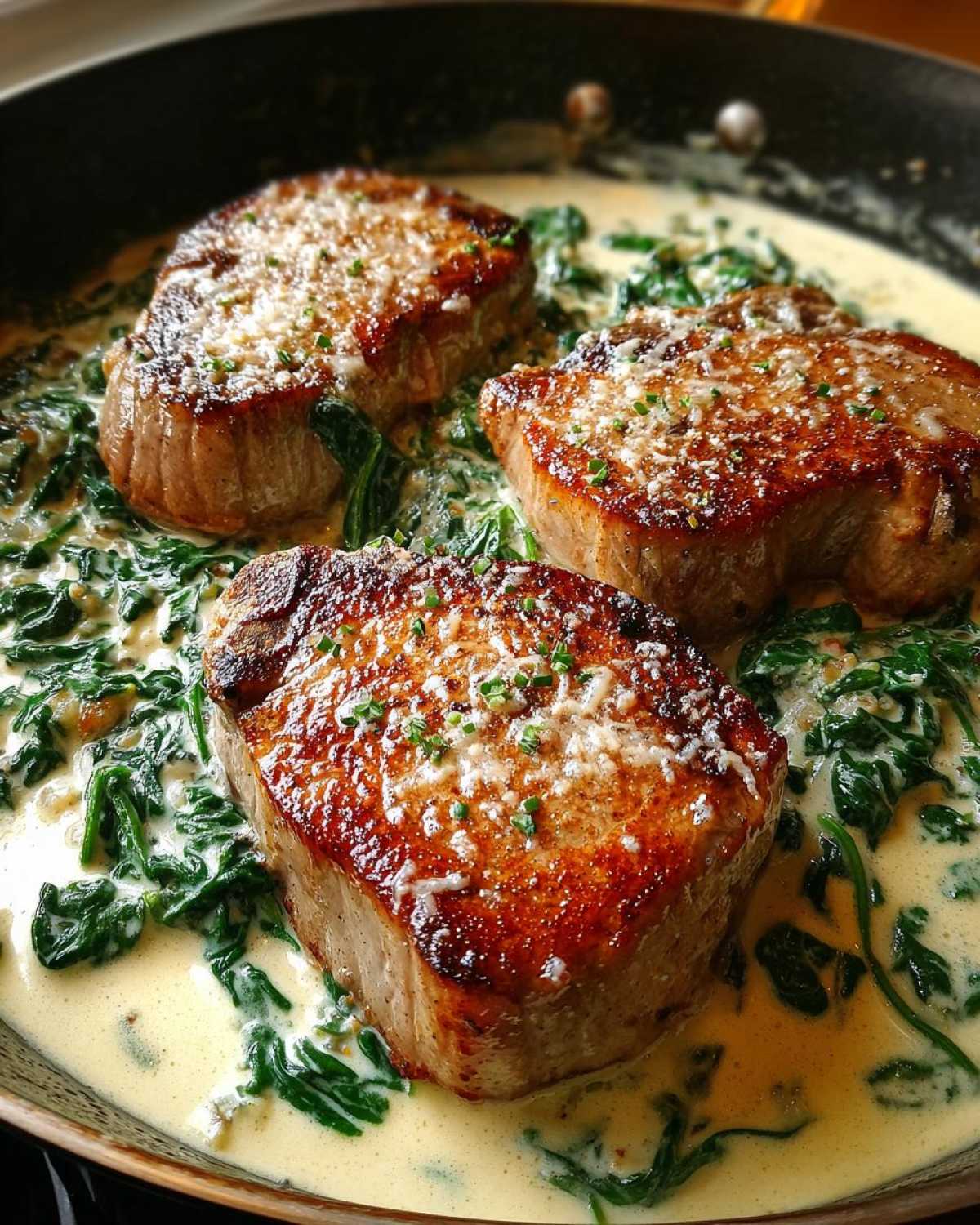 Three seared One-Pan Creamy Garlic Pork Chops resting in a rich cream sauce with wilted spinach, topped with Parmesan.