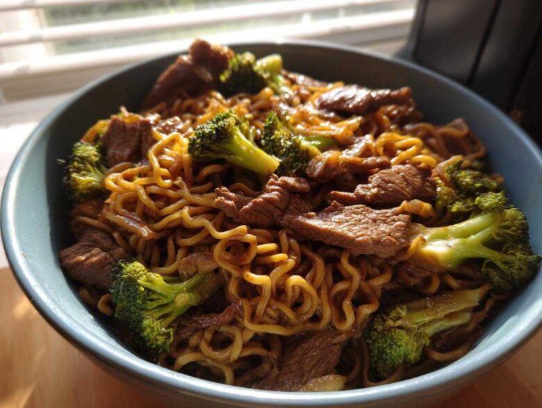 Close-up of One-Pot Beef and Broccoli Ramen Noodles coated in sauce, served in a blue bowl.