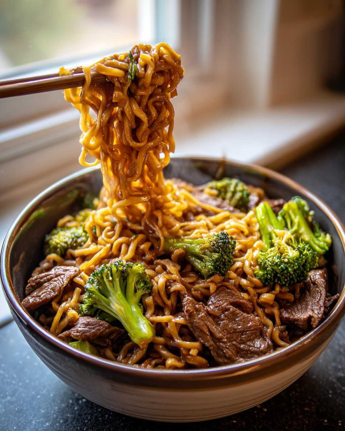 Chopsticks lifting noodles from a bowl of One-Pot Beef and Broccoli Ramen Noodles, showing beef slices and bright green broccoli florets.