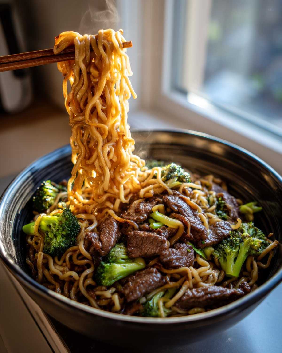 Chopsticks lifting steaming noodles from a bowl of One-Pot Beef and Broccoli Ramen Noodles.