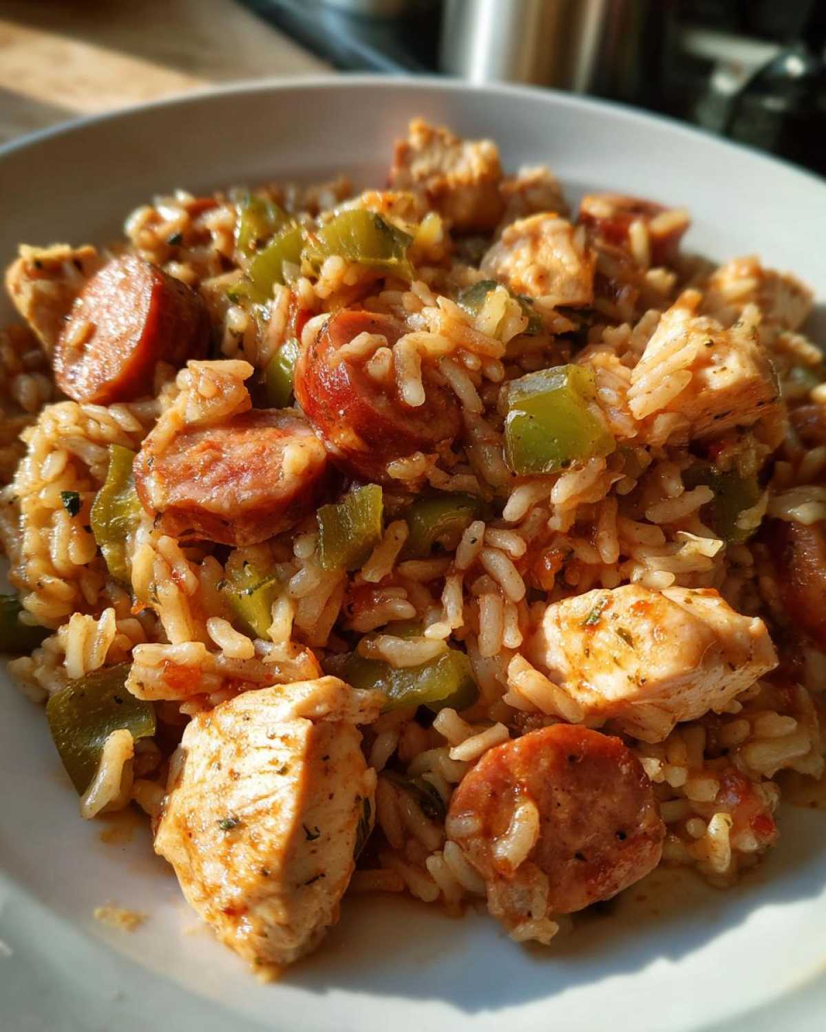 Close-up of a hearty serving of One-Pot Chicken Jambalaya featuring rice, chunks of chicken, and sliced andouille sausage.