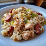 Close-up of a plate filled with One-Pot Chicken Jambalaya featuring rice, chicken chunks, sliced sausage, and green peppers.