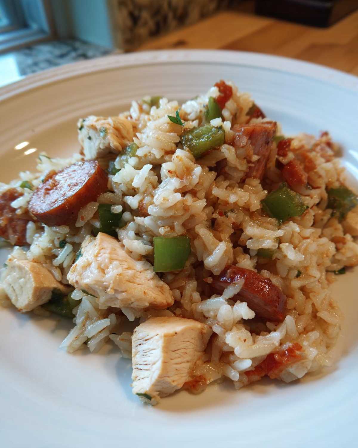 A close-up of a serving of One-Pot Chicken Jambalaya featuring rice, diced chicken, sausage slices, and green peppers.