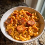 A white bowl filled with One-Pot Creamy Cajun Sausage Pasta topped with sliced sausage and spices.