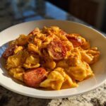 A bowl of One-Pot Creamy Cajun Sausage Pasta featuring pasta shells coated in orange sauce and slices of smoked sausage.
