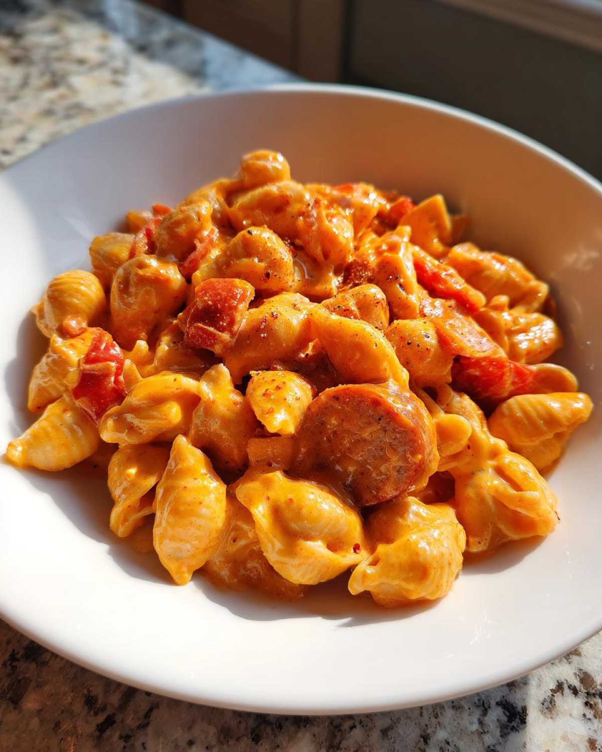 A close-up bowl of One-Pot Creamy Cajun Sausage Pasta with shell pasta and sliced sausage.