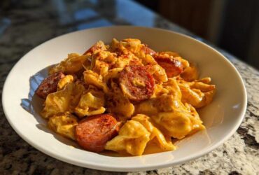 A bowl of One-Pot Creamy Cajun Sausage Pasta featuring pasta shells coated in orange sauce and slices of smoked sausage.