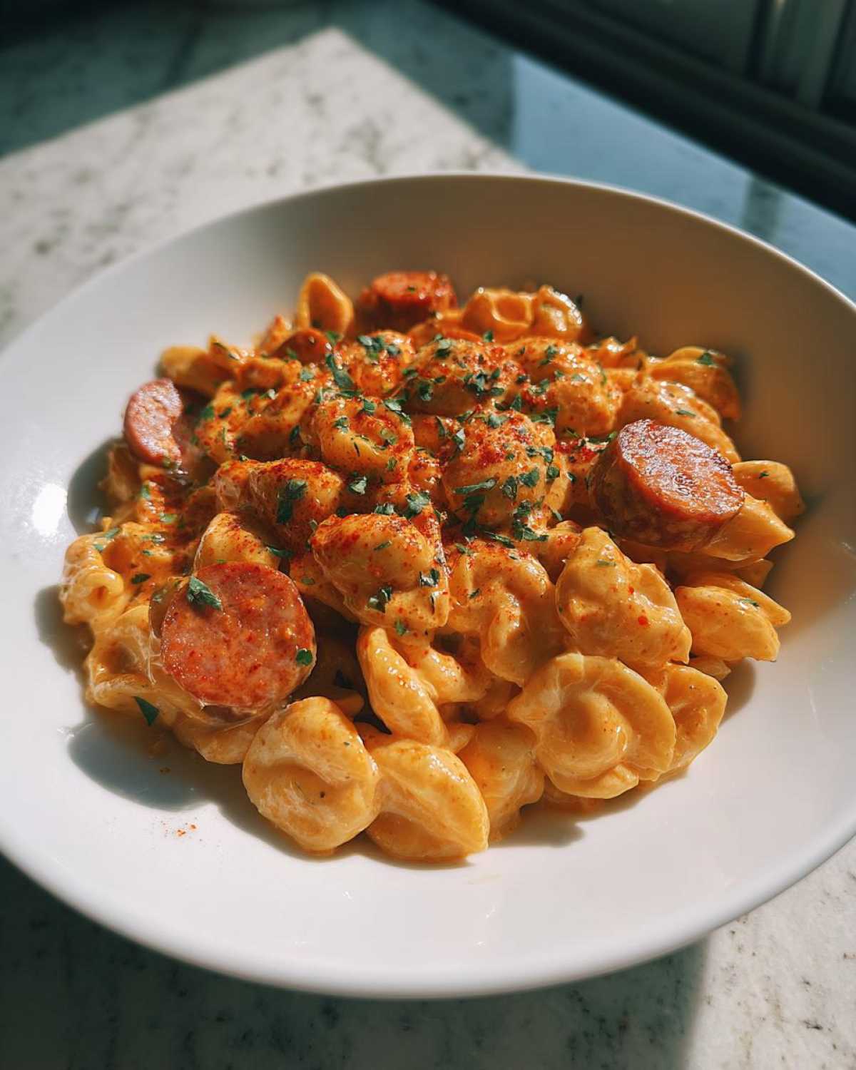 A close-up of One-Pot Creamy Cajun Sausage Pasta in a white bowl, topped with sausage slices and herbs.