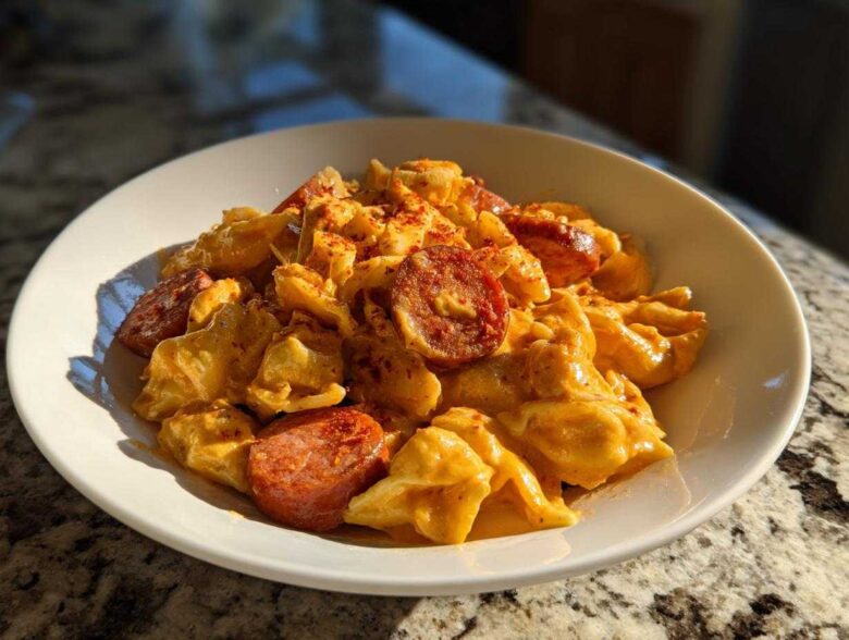 A bowl of One-Pot Creamy Cajun Sausage Pasta featuring pasta shells coated in orange sauce and slices of smoked sausage.