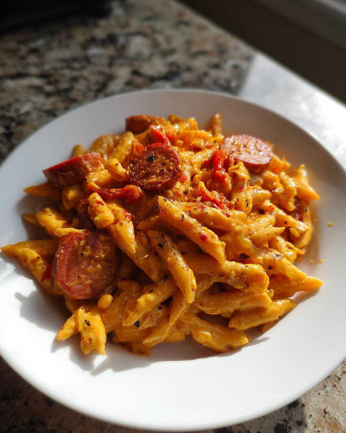 A white plate filled with One-Pot Creamy Cajun Sausage Pasta, topped with sliced sausage and spices.