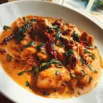 A close-up of rich, creamy One-Pot Creamy Sun-Dried Tomato Chicken with spinach and sun-dried tomatoes.