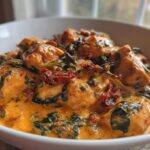 A close-up of tender chicken pieces coated in a rich, creamy sauce with spinach and sun-dried tomatoes: One-Pot Creamy Sun-Dried Tomato Chicken.
