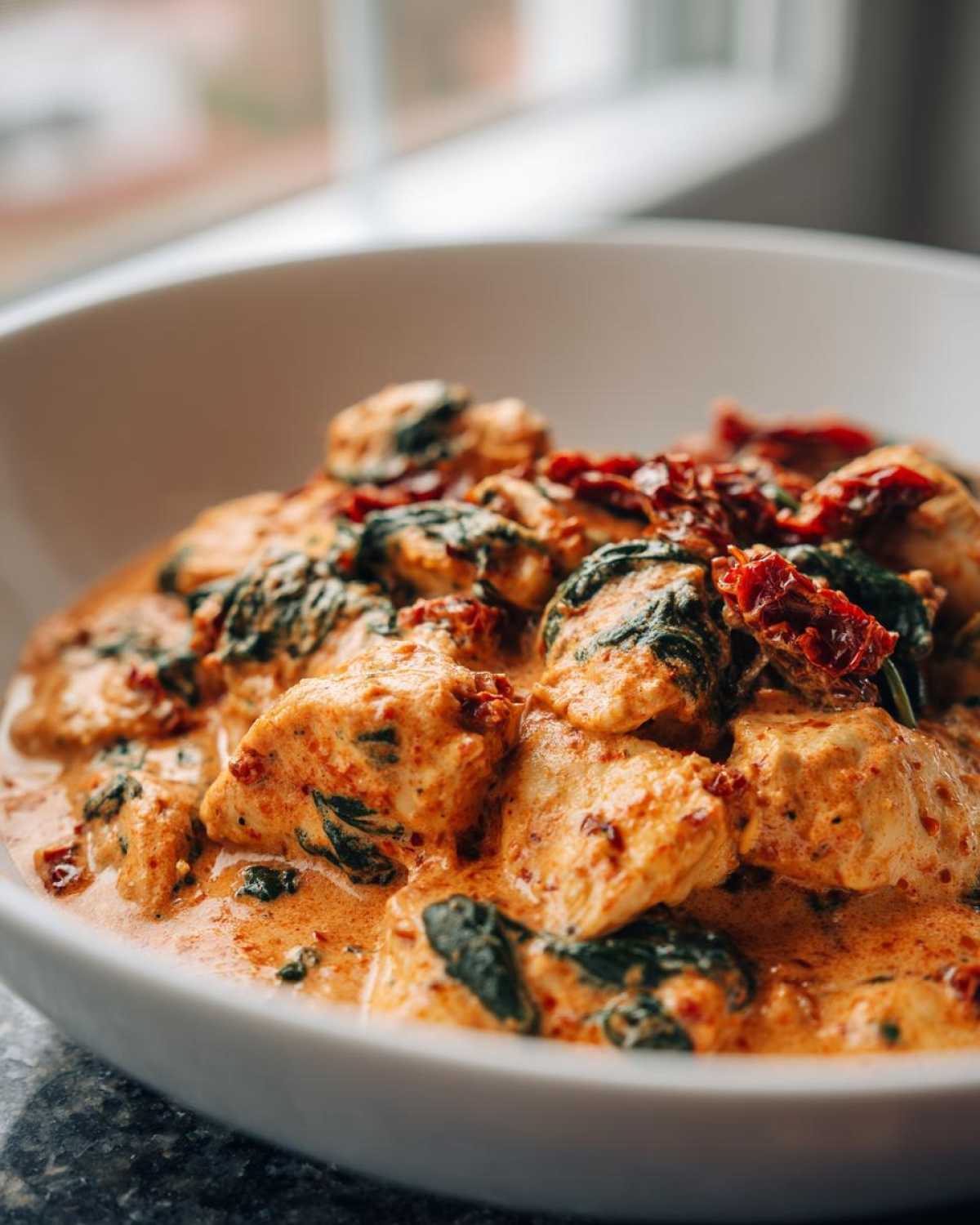 Close-up of tender chicken pieces coated in a rich, creamy sauce with spinach and sun-dried tomatoes in the One-Pot Creamy Sun-Dried Tomato Chicken.