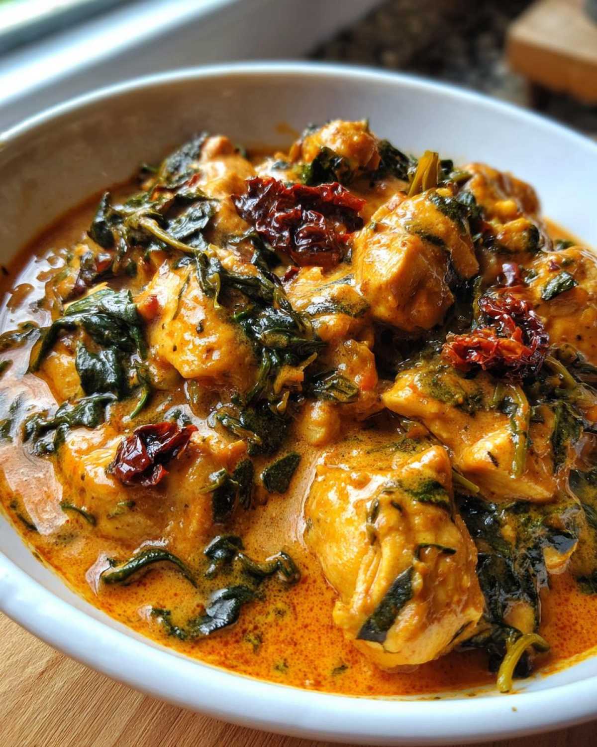 A close-up of tender chicken pieces smothered in a rich, creamy sauce with spinach and sun-dried tomatoes: One-Pot Creamy Sun-Dried Tomato Chicken.