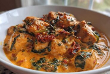 A close-up of tender chicken pieces coated in a rich, creamy sauce with spinach and sun-dried tomatoes: One-Pot Creamy Sun-Dried Tomato Chicken.
