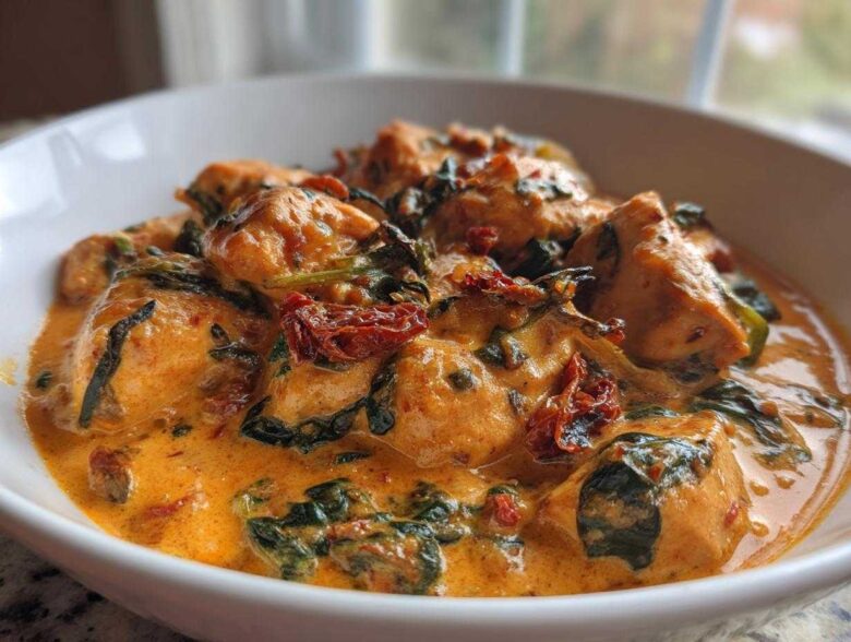 A close-up of tender chicken pieces coated in a rich, creamy sauce with spinach and sun-dried tomatoes: One-Pot Creamy Sun-Dried Tomato Chicken.