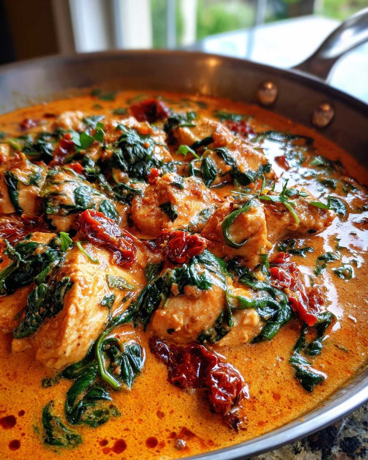 Close-up of One-Pot Creamy Sun-Dried Tomato Chicken with spinach and sun-dried tomatoes in a stainless steel skillet.